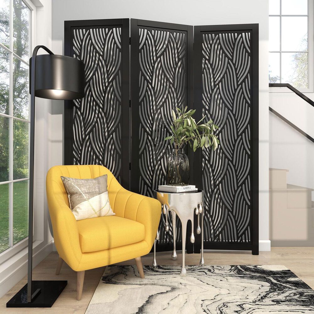 Maple and Jade 3-Panel Abstract Wavy Cutout Partition Room Divider Screen in Matte Black, , large