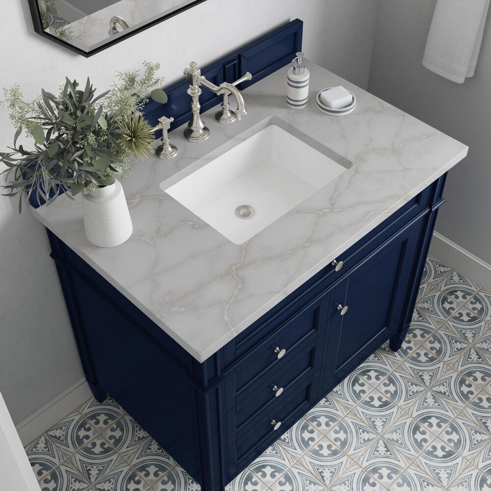 James Martin Vanities Brittany 36" Single Bathroom Vanity in Victory Blue with 3 cm Victorian Silver Quartz Top and Rectangular Sink, , large