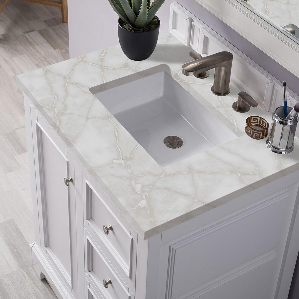 James Martin Vanities De Soto 30" Single Bathroom Vanity in Bright White with 3 cm Victorian Silver Quartz Top and Rectangular Sink, , large