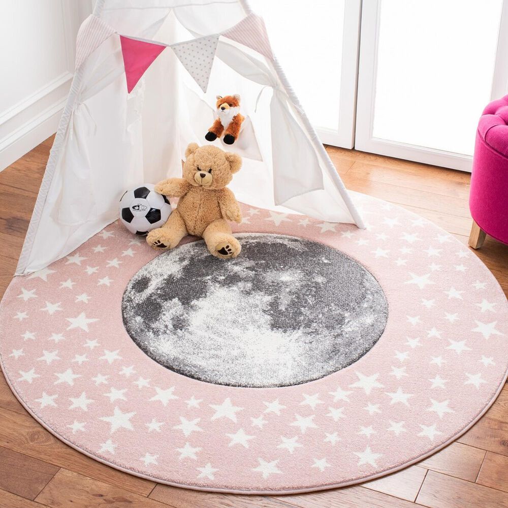 Safavieh Carousel CRK135 6&#39;7&quot; Round Pink and Grey Kids  Area Rug, , large
