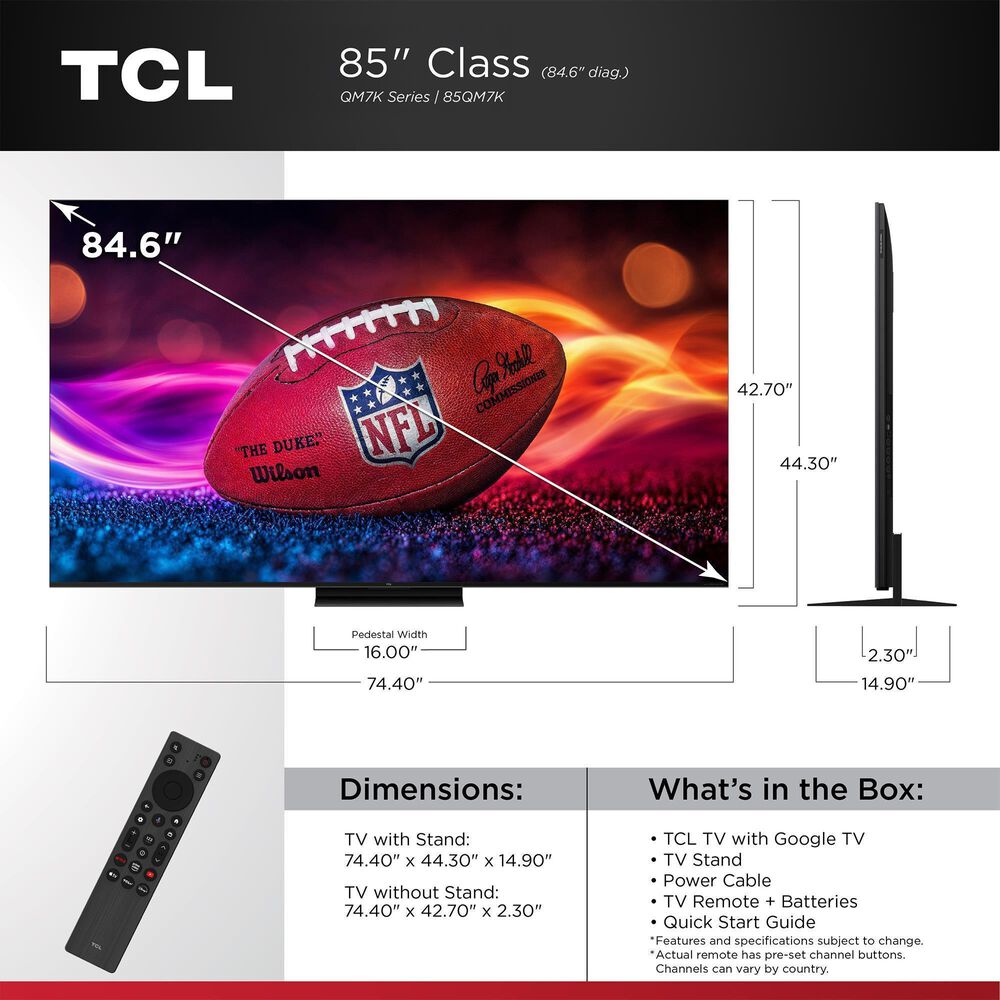 TCL 85" Class QM7K Series 4K UHD HDR QD-Mini LED - Smart Google TV with Q Class 5.1.2 Channel Soundbar System in Black, , large