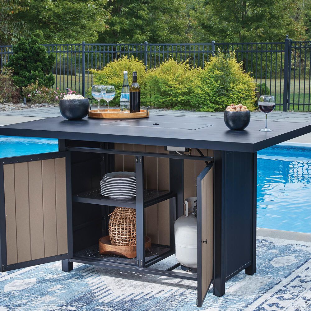 Ashley East Beach  Bar Table with Fire Pit in Navy Blue and Driftwood, , large