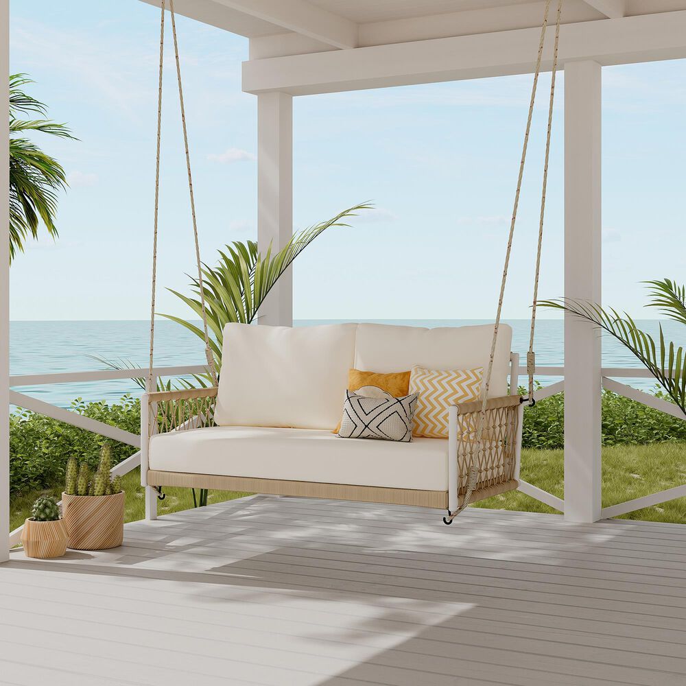 HOMLUX Patio Woven Rope Swing Sofa with White Steel in Beige, , large