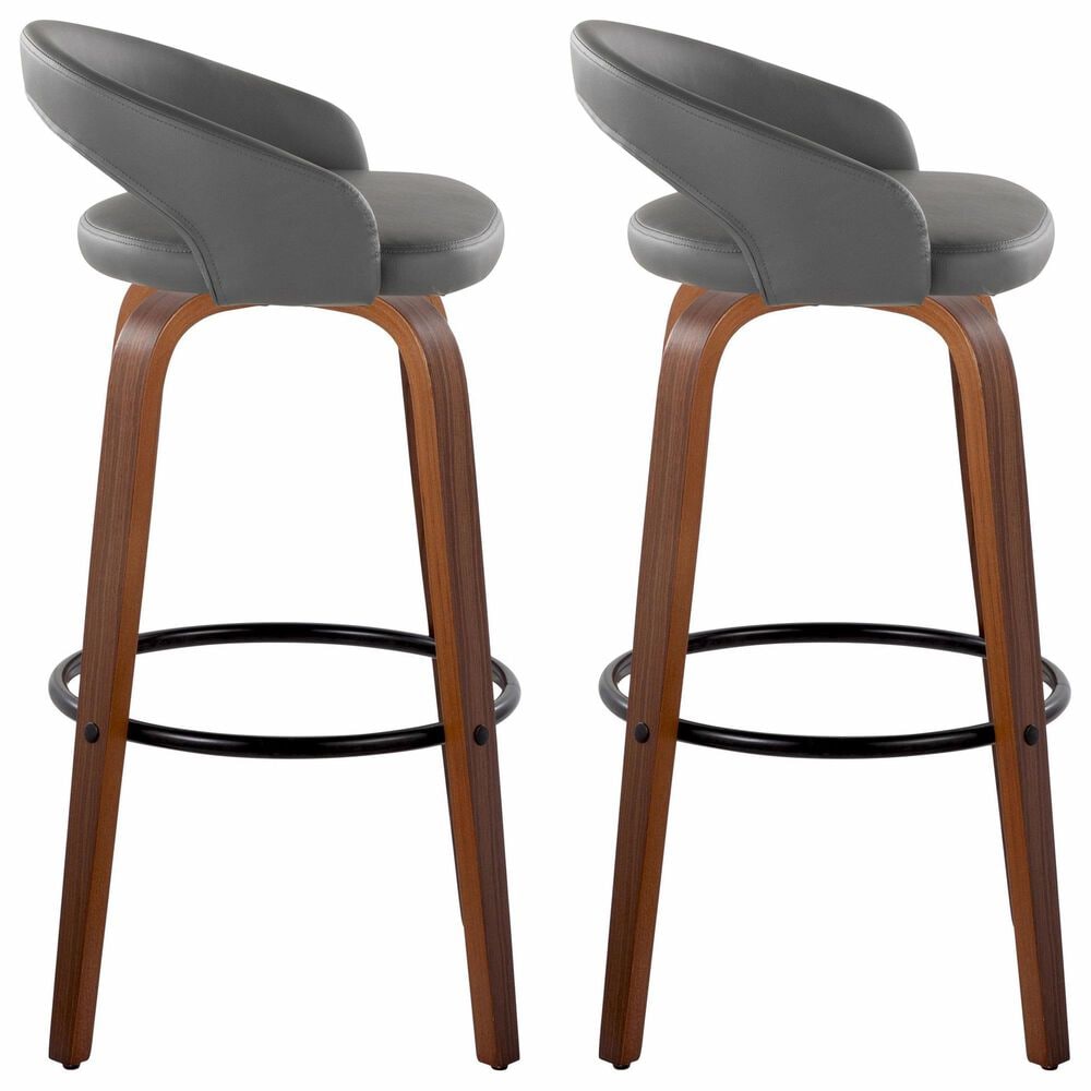 LumiSource Grotto Swivel Bar Stool with Grey Faux Leather Upholstery in Walnut Wood and Black (Set of 2), , large