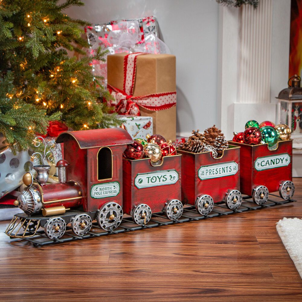 The Gerson Company Metal Holiday Train on Track in Dark Red, , large