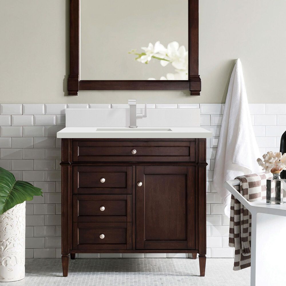 James Martin Vanities Brittany 60&quot; Single Bathroom Vanity in Burnished Mahogany with Single Hole 3 cm White Zeus Quartz Top and Rectangular Sink, , large