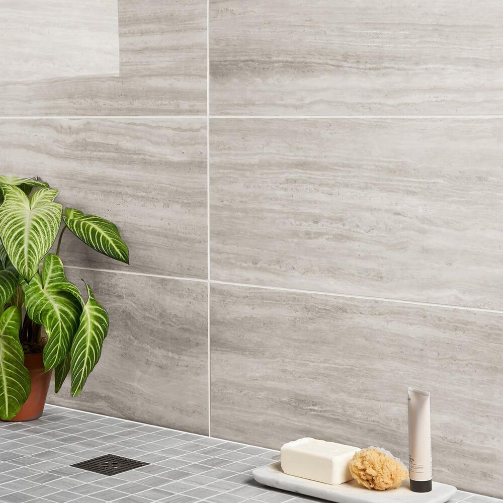 Soho Studio Zenit Grigio Chiaro Gray 12" x 24" Travertine Look Polished Porcelain Tile, , large