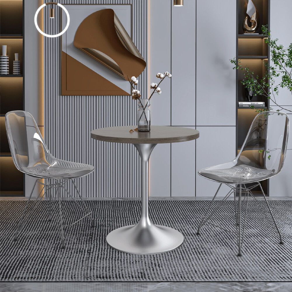 Leisuremod LeisureMod Verve Collection 27 Round Dining Table, Brushed Chrome Base with Dark Maple MDF Top, , large