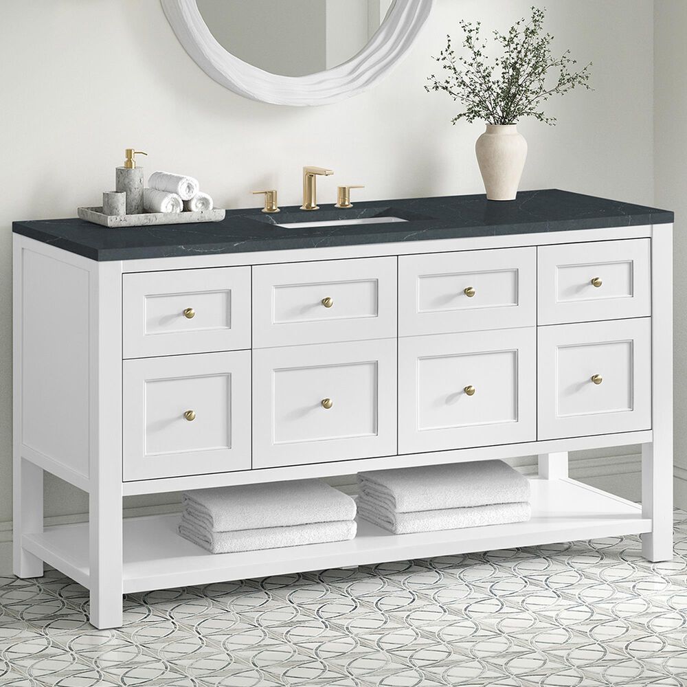 James Martin Vanities Breckenridge 60&quot; Single Bathroom Vanity in Bright White with 3 cm Charcoal Soapstone Quartz Top and Rectangular Sink, , large