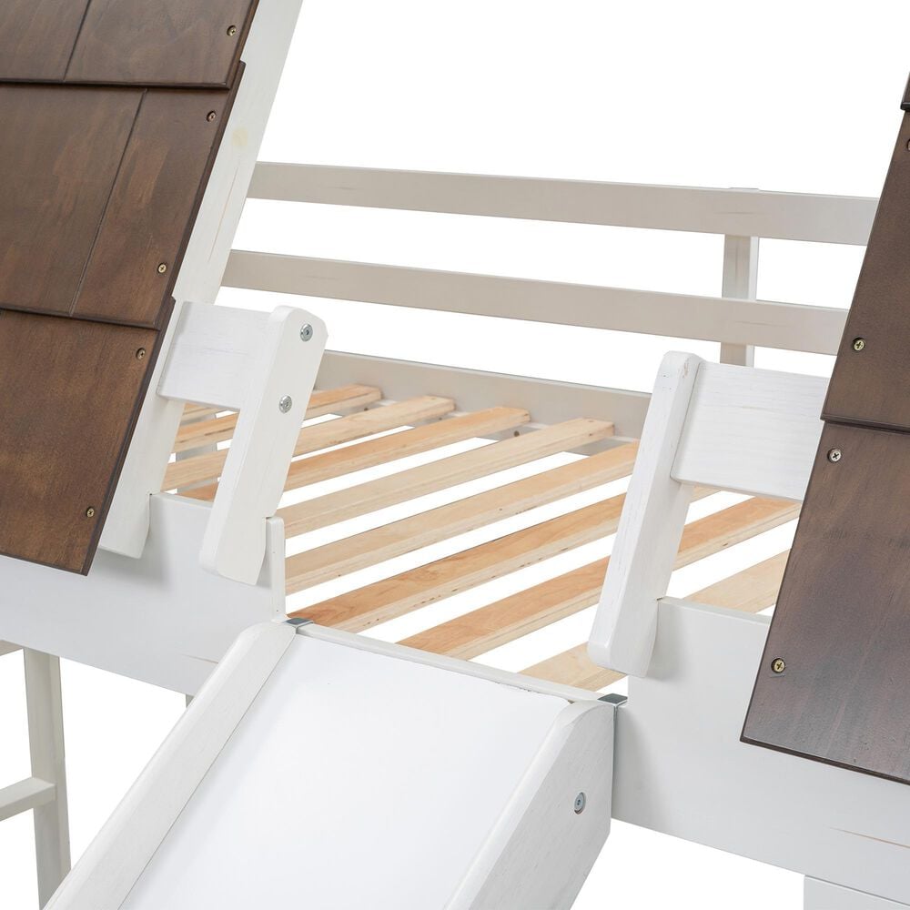 Hearth and Haven Twin over Twin House Bunk Bed with Roof in White and Brown, , large