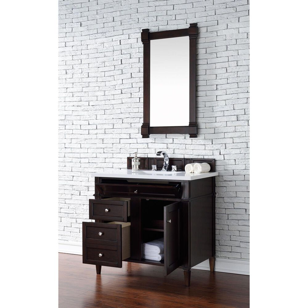 James Martin Vanities Brittany 36" Single Bathroom Vanity in Burnished Mahogany with 3 cm White Zeus Quartz Top and Rectangular Sink, , large