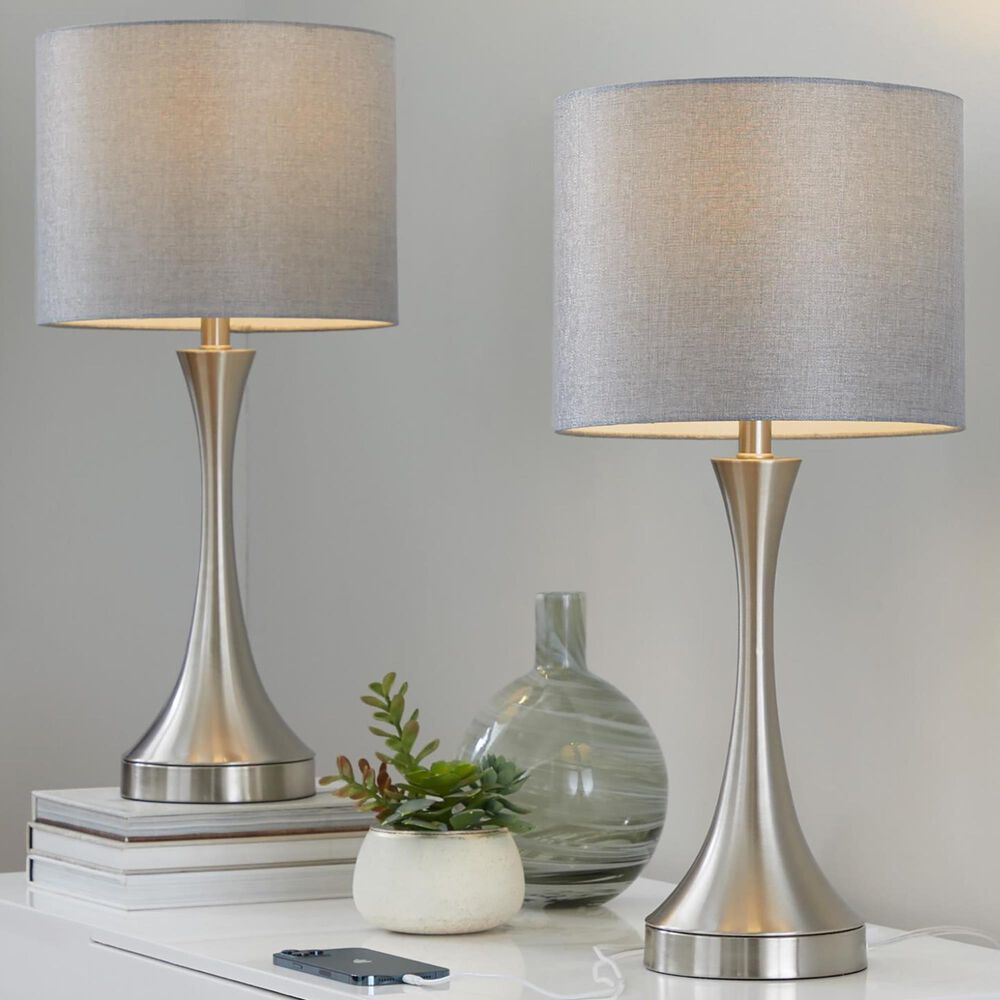 LumiSource Lenuxe 25" Metal Table Lamp with Grey Linen Shade in Brushed Nickel (Set of 2), , large