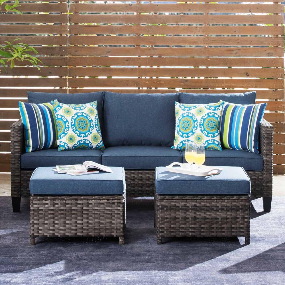 HOMLUX 3-Piece 77" Patio Sofa and Ottoman Set in Denim Blue, , large