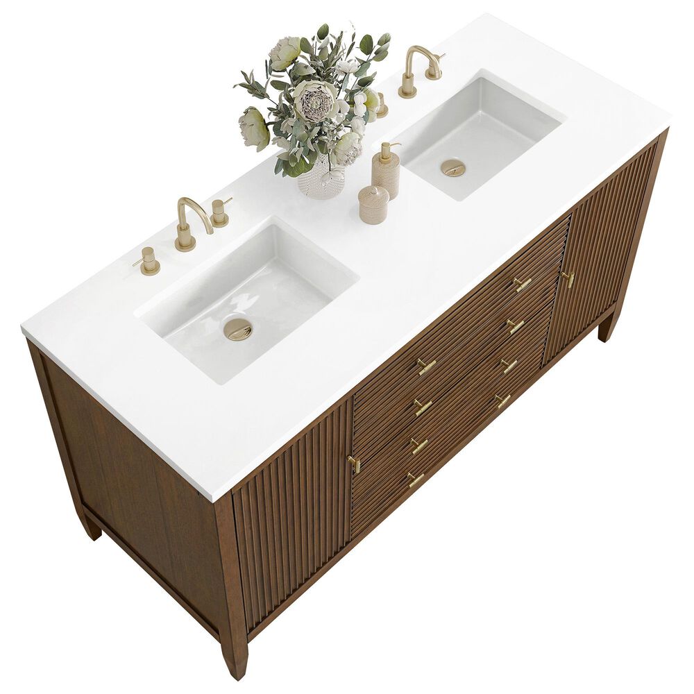 James Martin Vanities Mirin 60&quot; Double Vanity in Mid Century Walnut with 3 cm White Zeus Quartz Top, , large