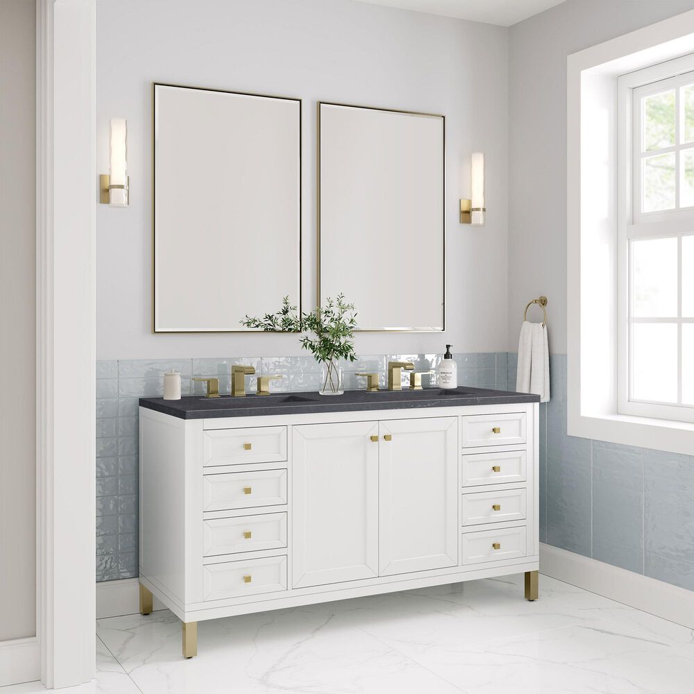 James Martin Vanities Chicago 60&quot; Double Bathroom Vanity in Glossy White with 3 cm Charcoal Soapstone Quartz Top and Rectangular Sinks, , large