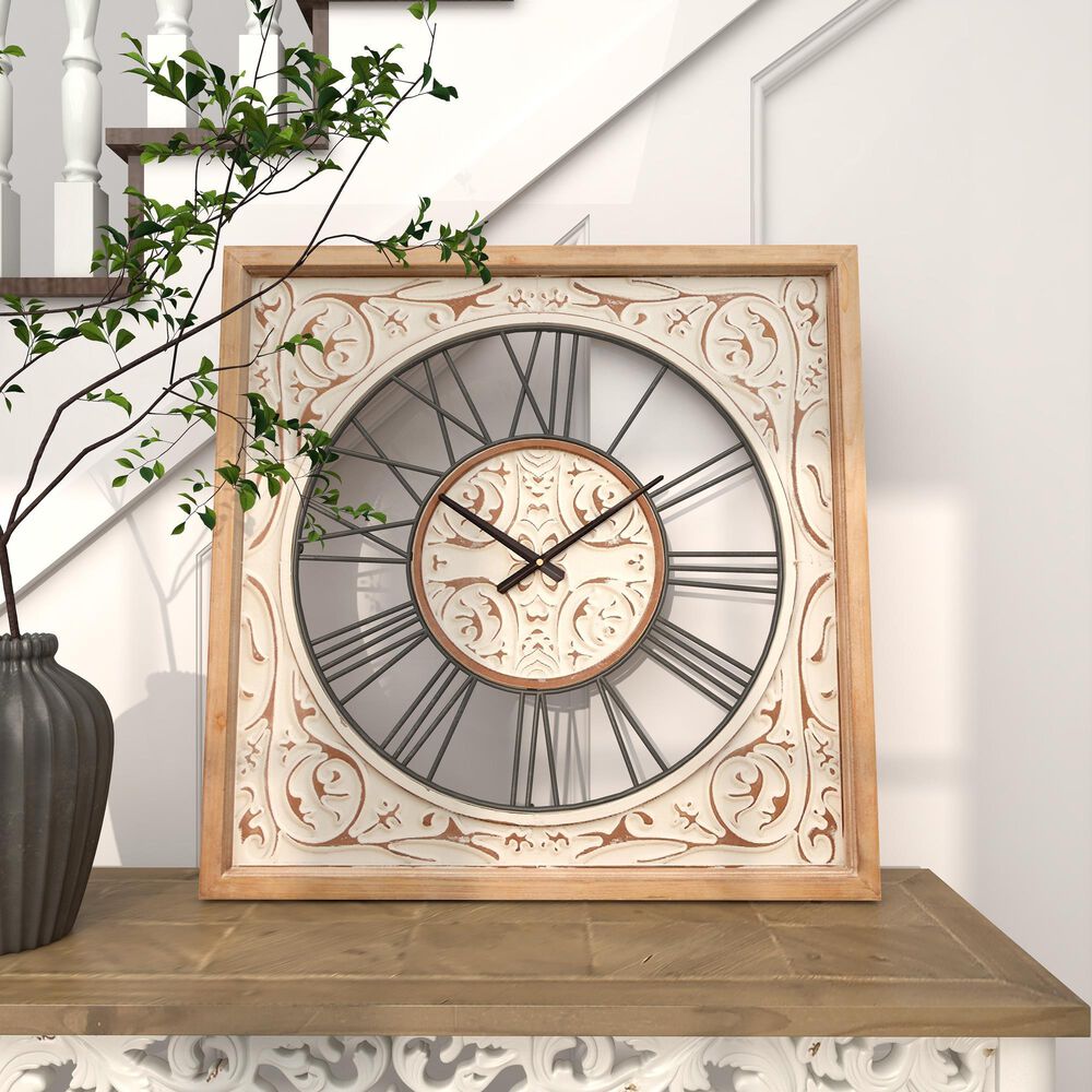 Maple and Jade 29&quot; Wall Clock in Distressed White and Brown, , large