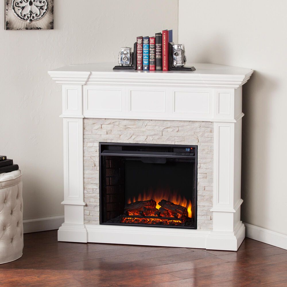Southern Enterprises Engo Electric Convertible Corner Fireplace in Fresh White/Rustic White Faux Stone, , large