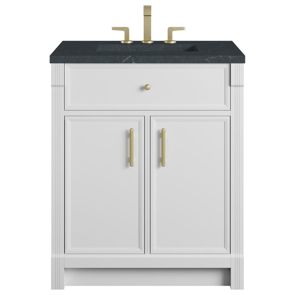 James Martin Bellshire 30" Single Bathroom Vanity in Bright White with 3 cm Charcoal Soapstone Silestone Top and Rectangular Sink, , large