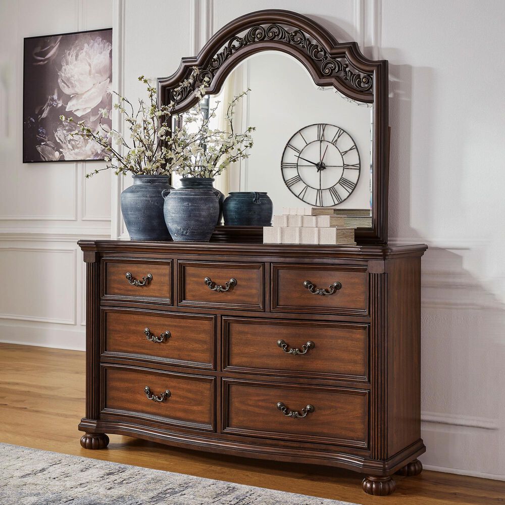Ashley Lavinton 7-Drawer Dresser and Mirror in Cherry Brown, , large