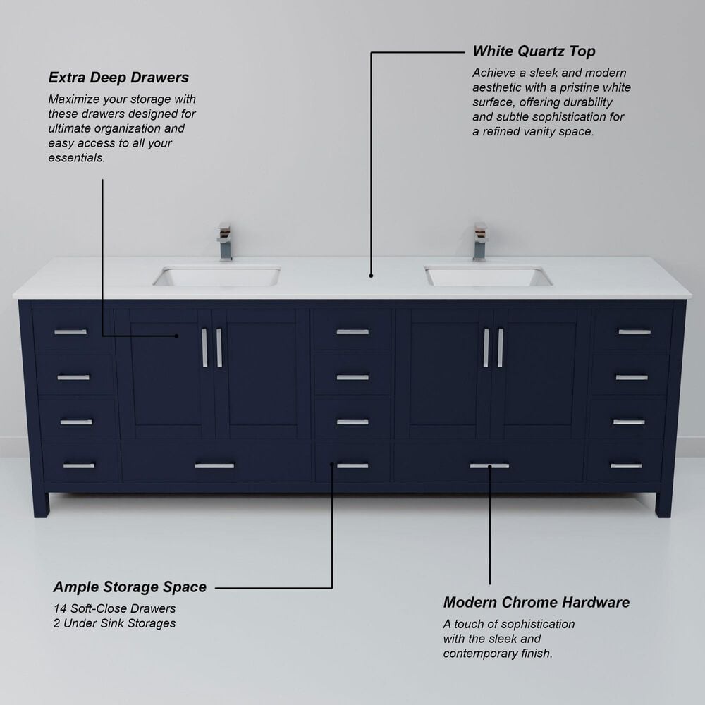 Lexora Home Jacques 84" Double Bathroom Vanity in Navy Blue with 2 cm White Quartz Top and Rectangular Sinks, , large