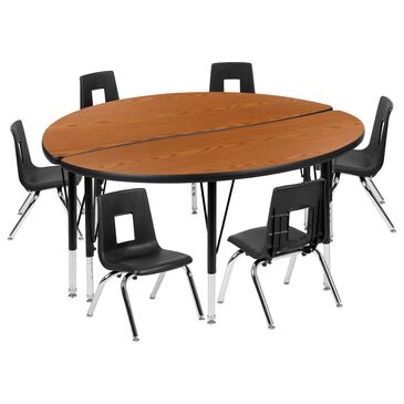 Flash Furniture Emmy 8-Piece 47.5" Circle Wave Activity Table Set with 14" Student Stack Chairs in Oak, Black and Chrome, , large