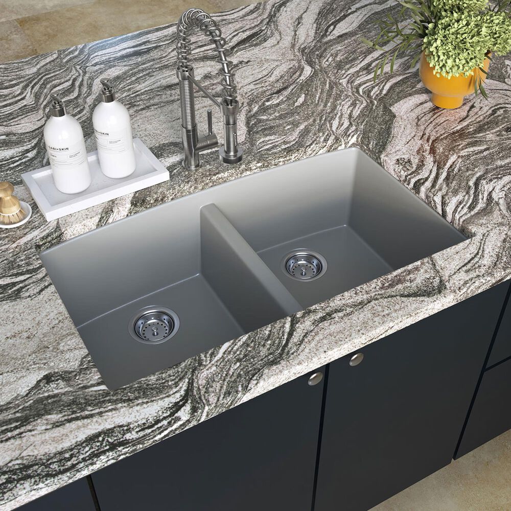MS International 32.5" 50/50 Undermount Double Bowl Kitchen Sink in Matte Gray, , large