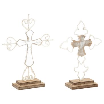 Maple and Jade 13" Cross Sculpture in Distressed White and Brown (Set of 2), , large