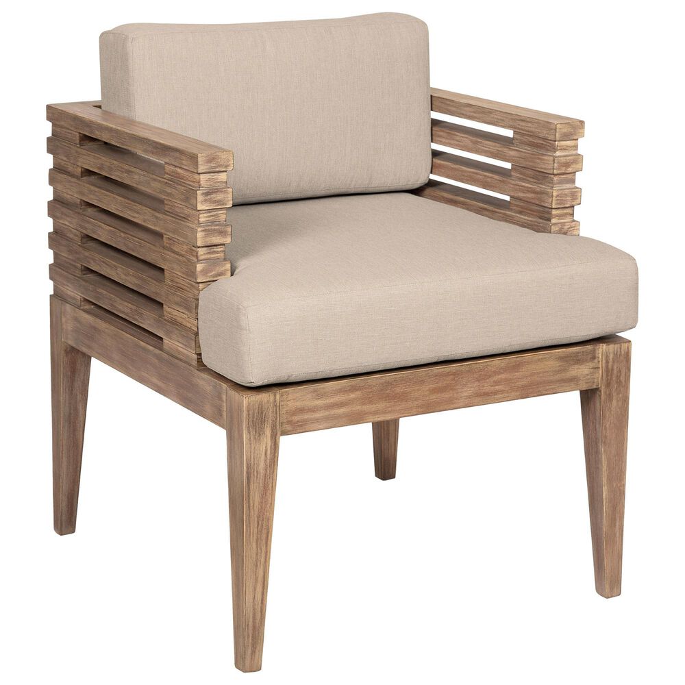 Armen Living Vivid Outdoor Dining Chair with Taupe Cushions in Brown Eucalyptus, , large