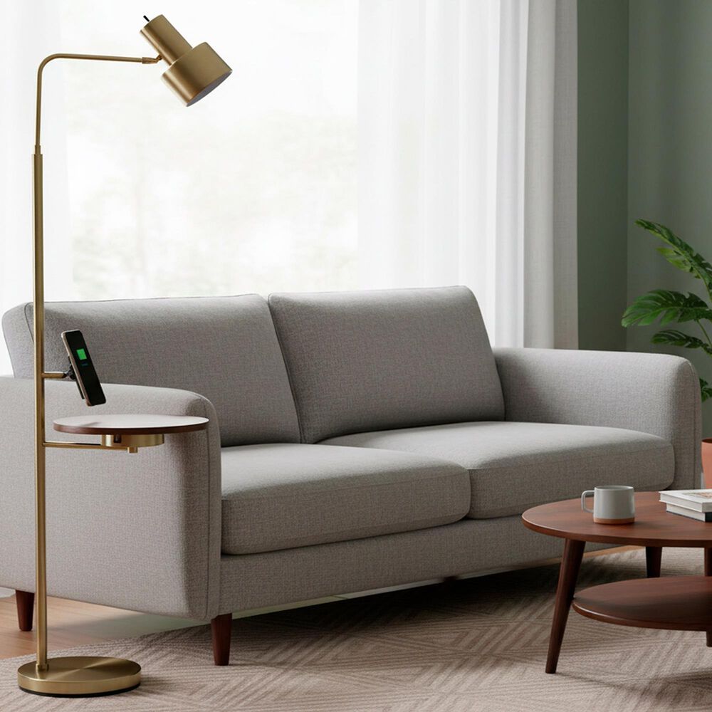 Adesso Wyatt Floor Lamp with Shelf and Wireless Charging in Antique Brass, , large