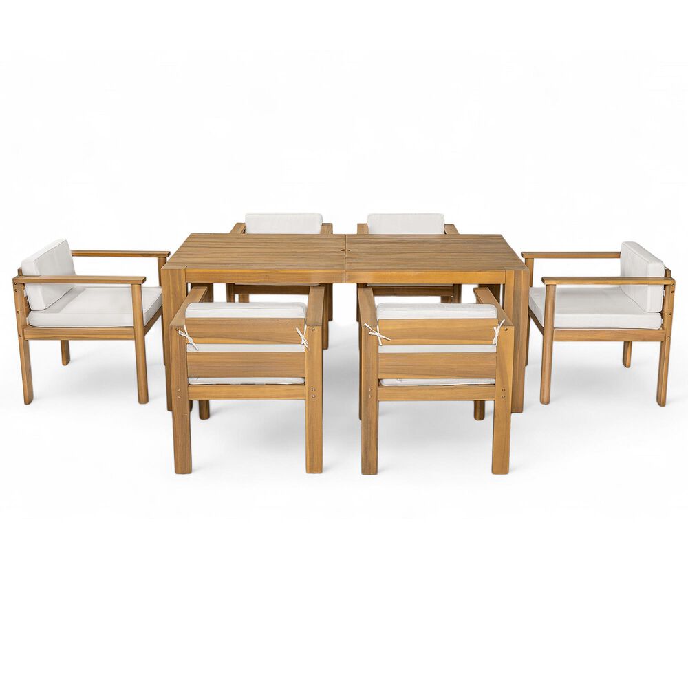 Hearth and Haven 7-Piece Outdoor Dining Set with Beige Cushions in Light Teak, , large