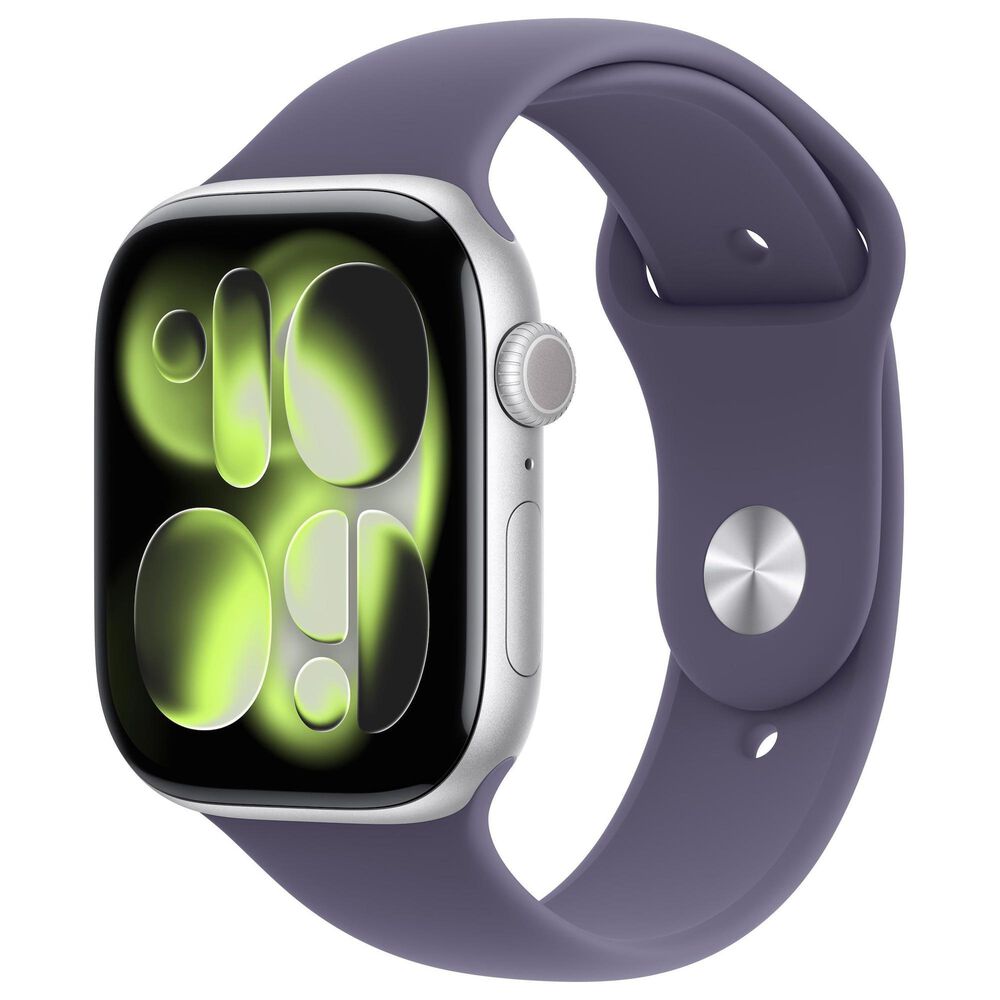 Apple Watch Series 11 (GPS+Cellular) 46mm Aluminum Case with Purple Fog Sport Band - S/M in Silver and 2-Year AppleCare+, , large