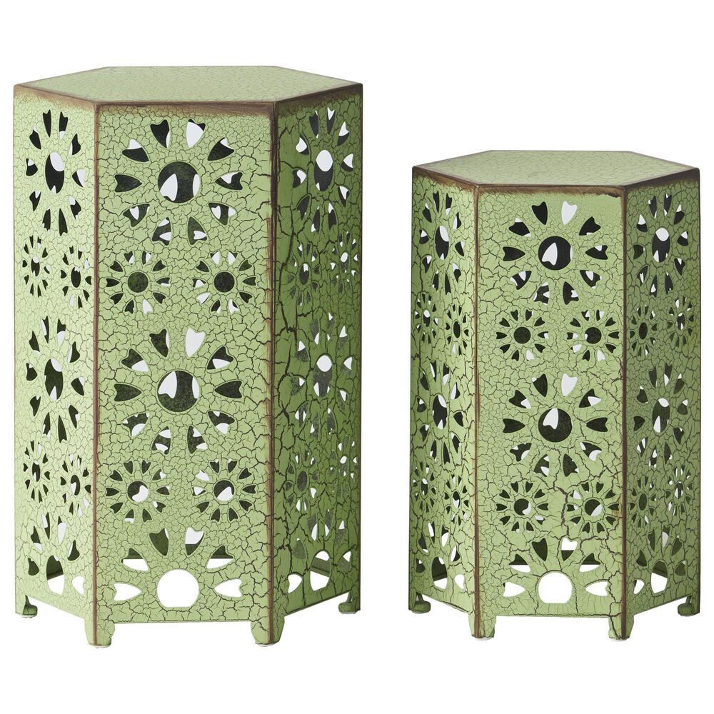 Hearth and Haven Eliana 2-Piece Outdoor Hexagon Metal Side Table Set with Sunburst Cut Out Design in Green, , large