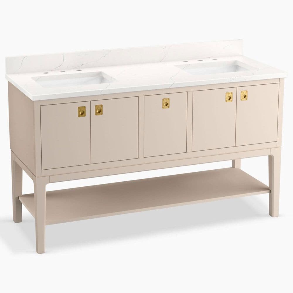 Kohler Seagrove 60" Double Bathroom Vanity in Light Clay with 3 cm White Quartz Top and Rectangular Sinks, , large