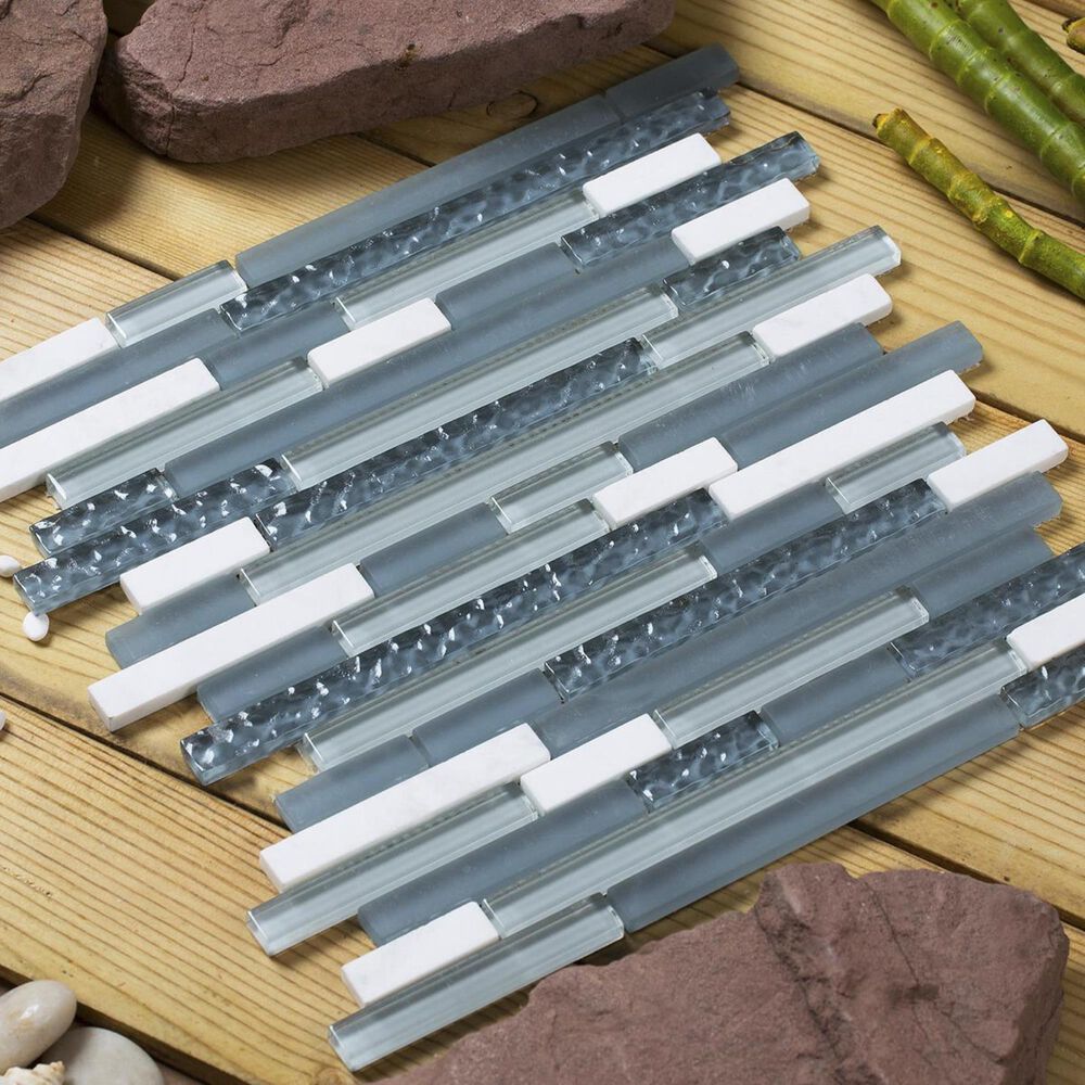 Mirrella Fara Light Gray, Silver and White 12" x 14" Glass and Stone Mosaic Tile, , large