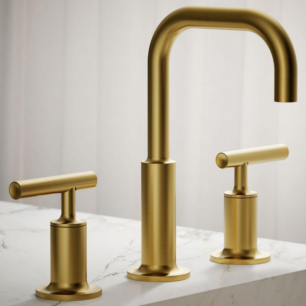 Kohler Purist Widespread Bathroom Sink Faucet with Lever Handles and High Gooseneck Spout in Vibrant Brushed Moderne Brass, , large