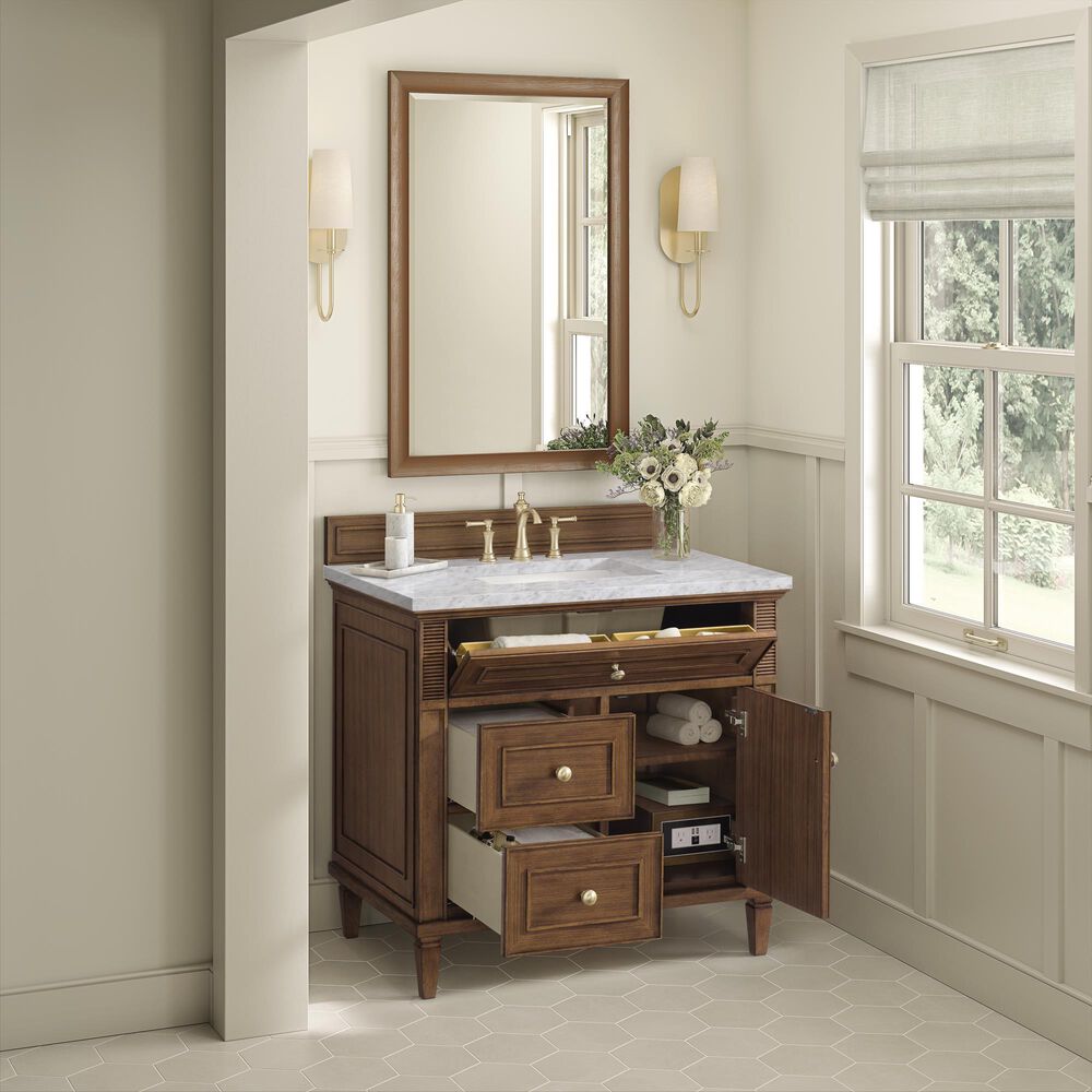 James Martin Vanities Lorelai 36&quot; Single Vanity in Mid-Century Walnut with 3 cm Carrara White Marble Top, , large