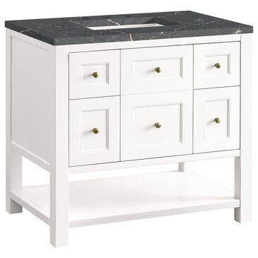 James Martin Vanities Breckenridge 36" Single Bathroom Vanity in Bright White with 3 cm Parisien Bleu Quartz Top and Rectangular Sink, , large