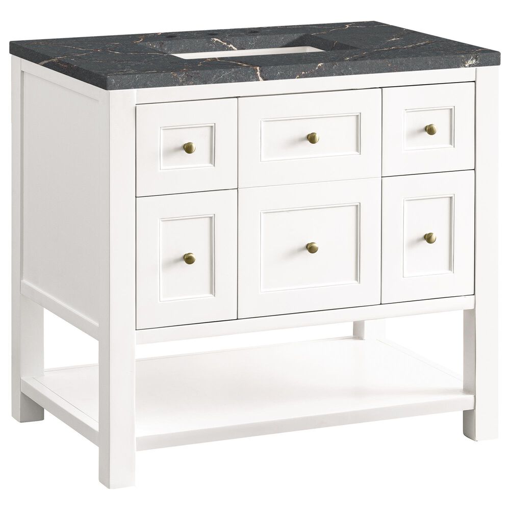James Martin Vanities Breckenridge 36" Single Bathroom Vanity in Bright White with 3 cm Parisien Bleu Quartz Top and Rectangular Sink, , large
