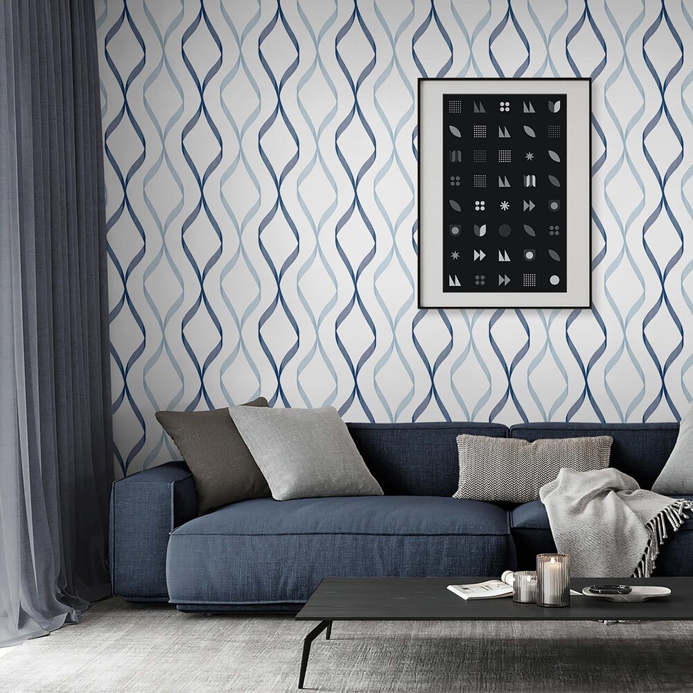 NextWall Ogee Ribbon 216&quot; x 20.5&quot; Peel and Stick Wallpaper in Celtic Blue and Dewdrop, , large
