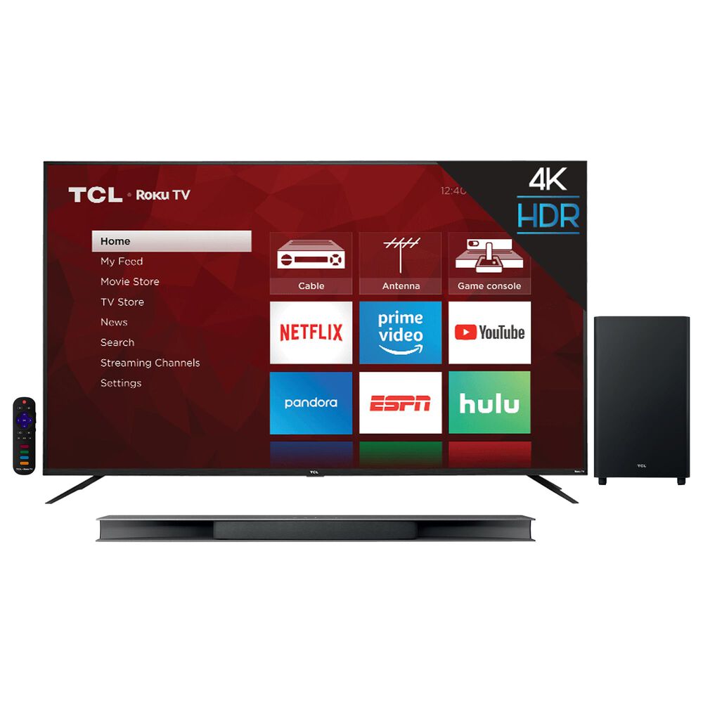 TCL 75" Class 4K UHD HDR Roku - Smart TV with 3.1 Atmos Sound Bar System, , large