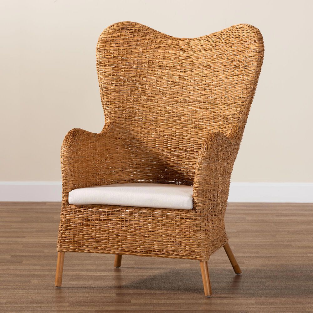 Baxton Studio Terra Arm Chair with Light Honey Rattan in White, , large