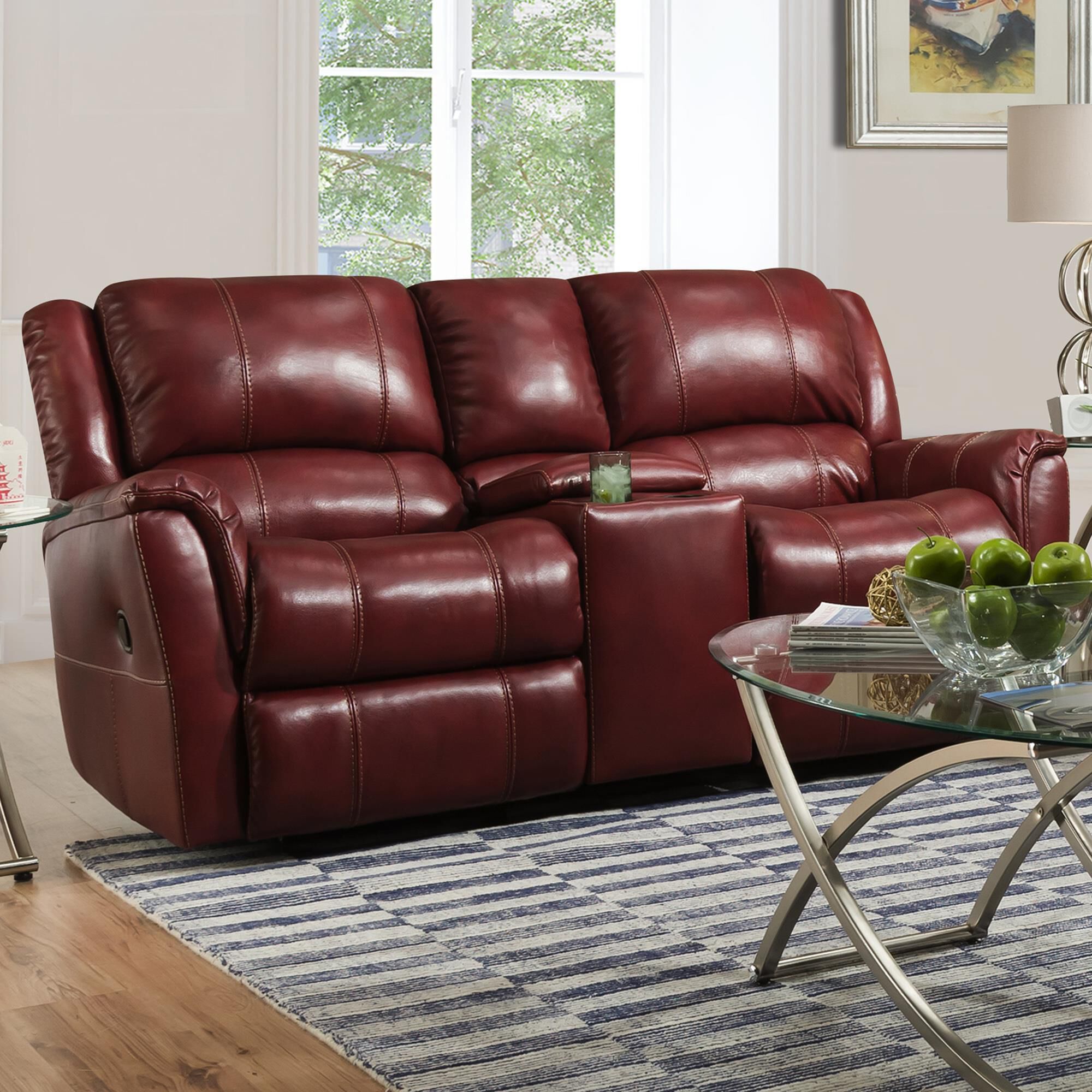 Homestretch Leather Manual Gliding Console Loveseat in Red NFM