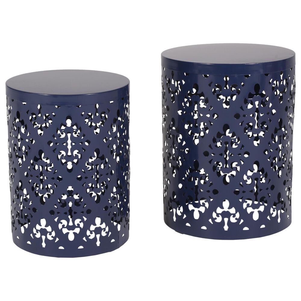 Hearth and Haven Outdoor Side Table with Floral Pattern in Navy Blue (Set of 2), , large