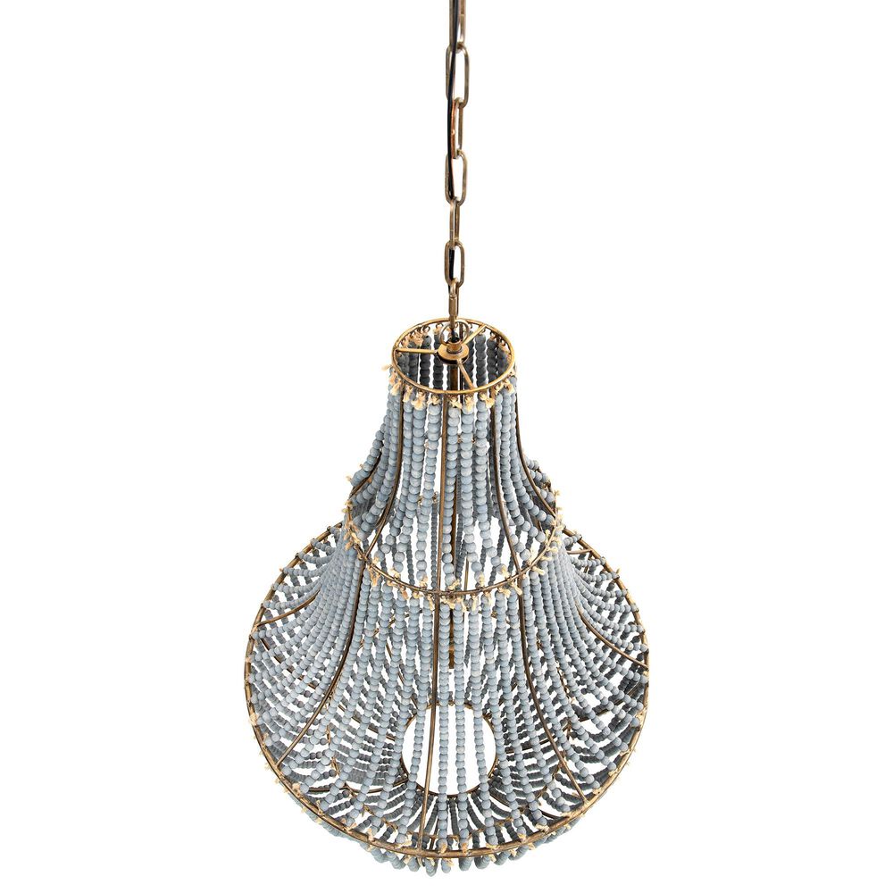 Creative Coop Laurel Draped Wood Bead Chandelier with Brushed Gold and Faded Blue Shade, , large