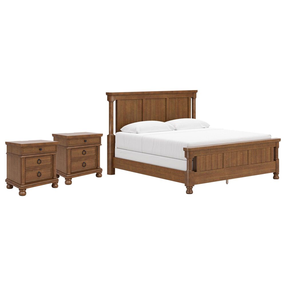 Ashley Rowlenstown King Panel Bed with Two Nightstands in Brown, , large