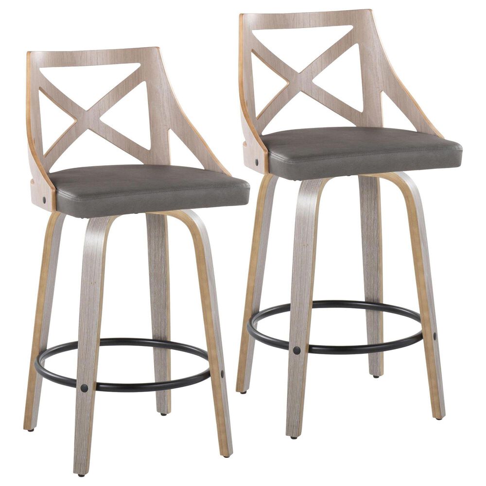 LumiSource Charlotte Swivel Counter Stool with Grey Faux Leather Upholstery in Light Grey and Black (Set of 2), , large