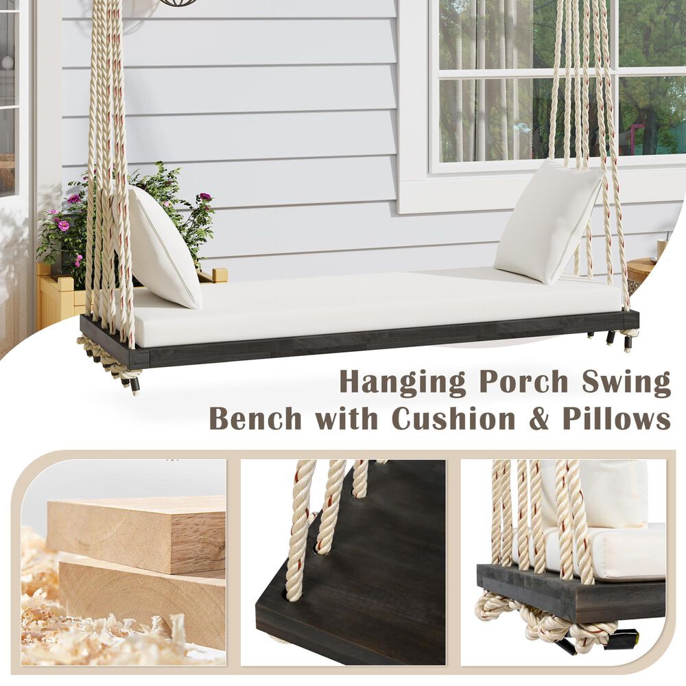Hearth and Haven Topmax Outdoor Hanging Porch Swing Bench with Beige Cushion in Brown, , large