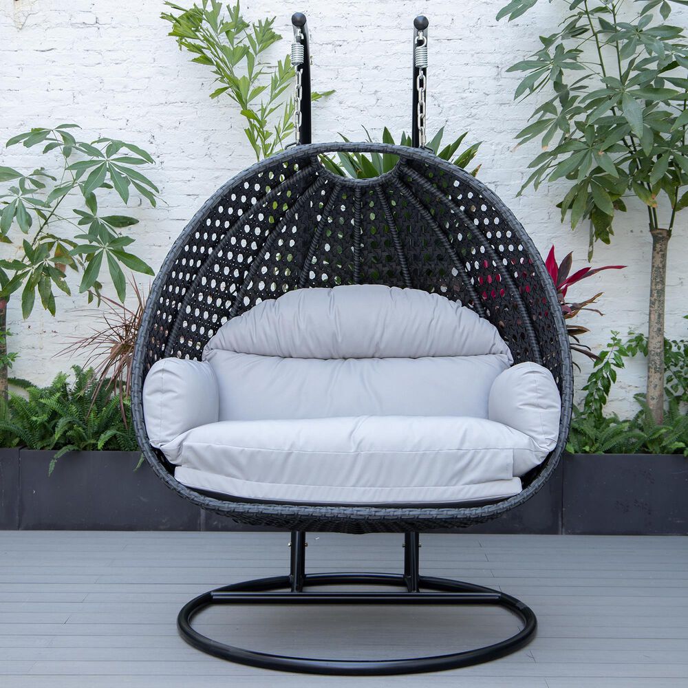 Leisuremod Mendoza Patio 2-Seat Hanging Egg Swing Chair with Light Grey Cushion in Charcoal, , large