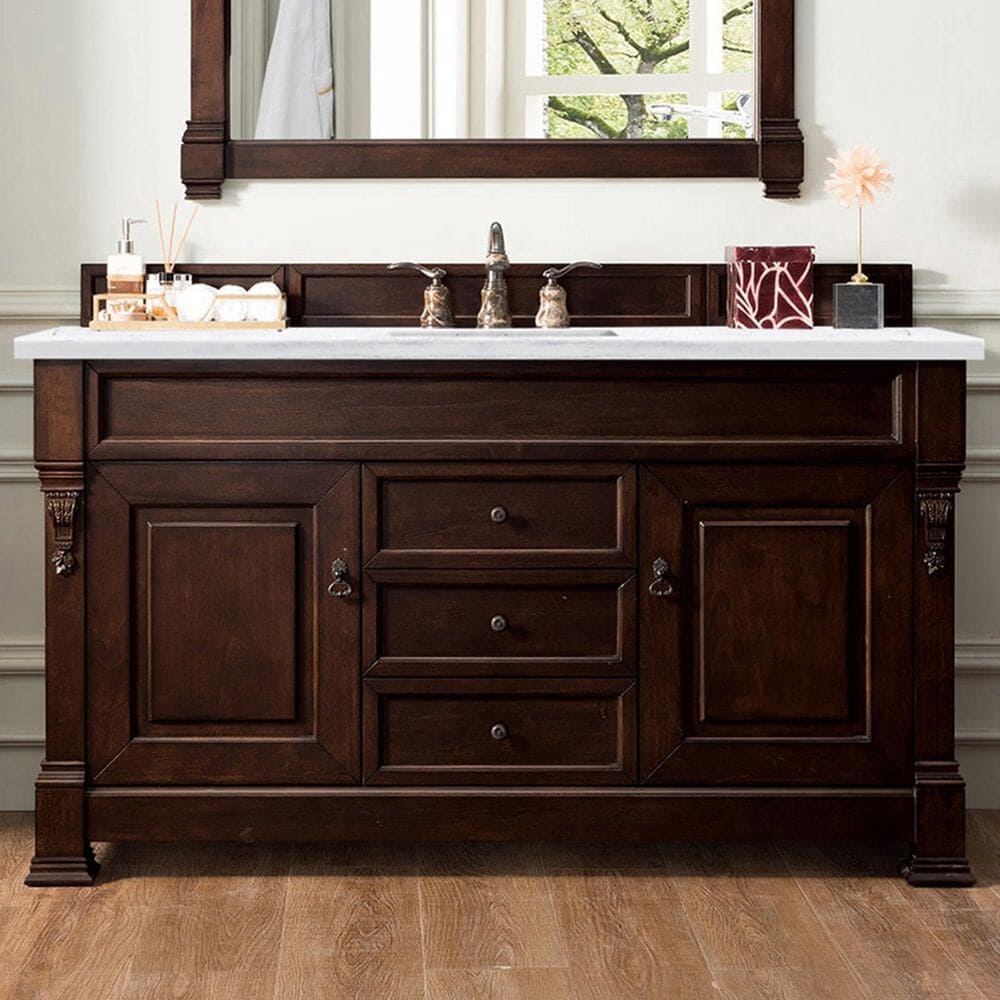 James Martin Vanities Brookfield 60" Single Bathroom Vanity in Burnished Mahogany with 3 cm Arctic Fall Solid Surface Top and Rectangle Sink, , large
