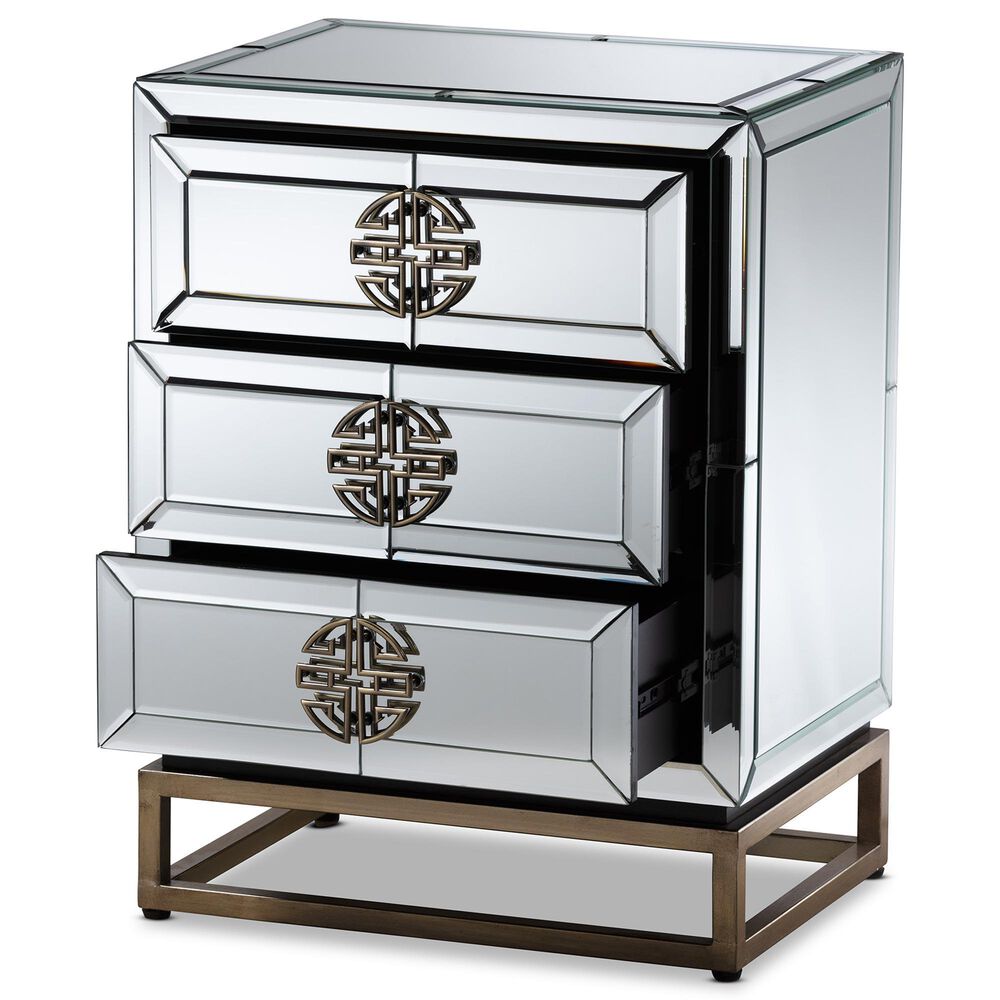 Baxton Studio Laken Mirrored 3-Drawer End Table in Silver and Antique Bronze, , large